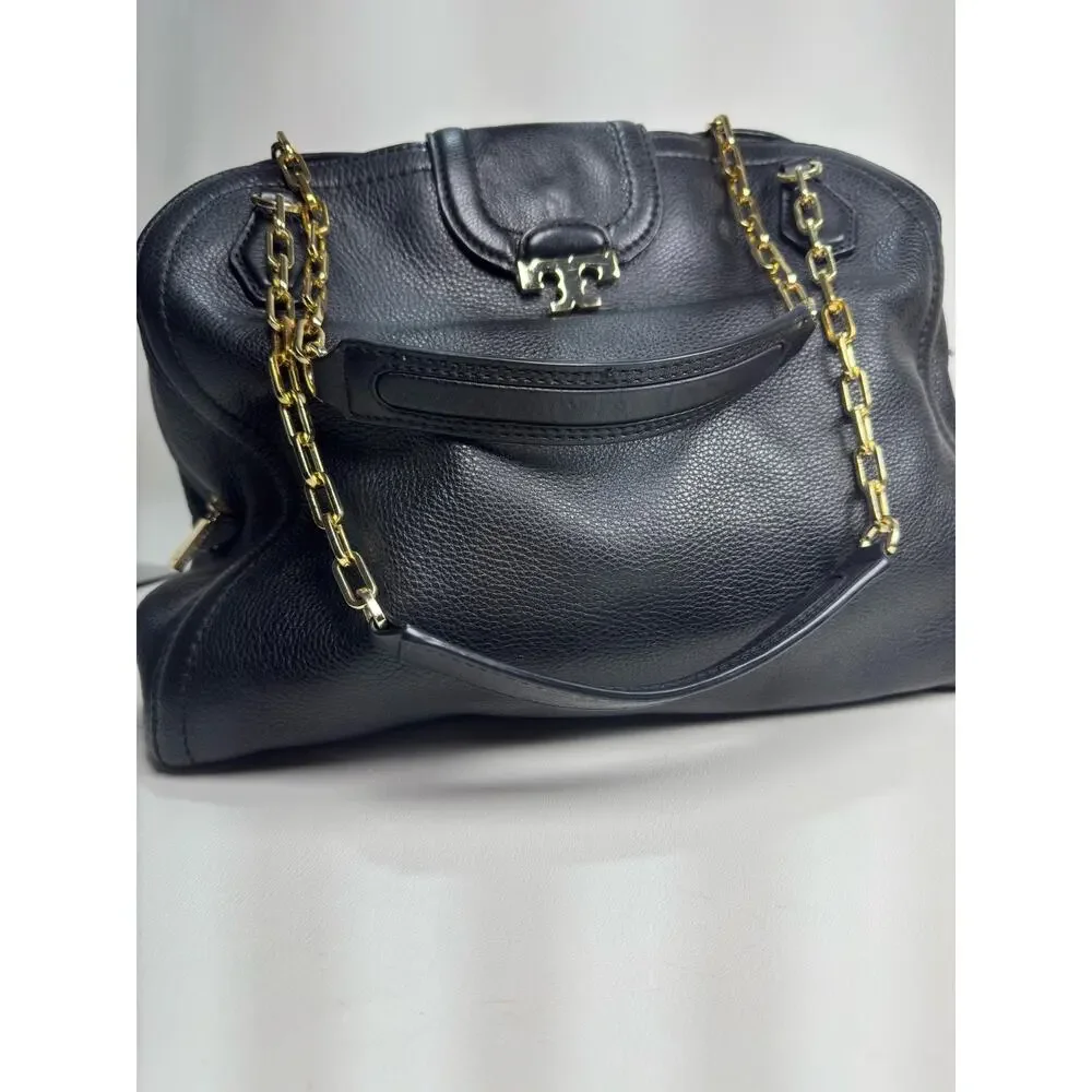 Tory Burch Amanda Black Pebbled Leather Hobo Satchel Shoulder Bag Gold Chain T